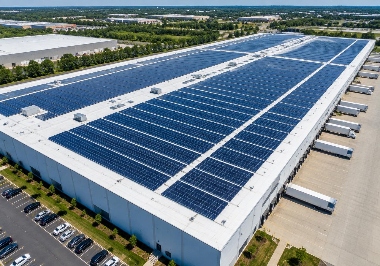 Painéis solares em telhado comercial